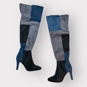 Rialto Carpio Tall Suedette Boots NEW 5.5 Colorblocked Heeled Navy Shoes Vegan